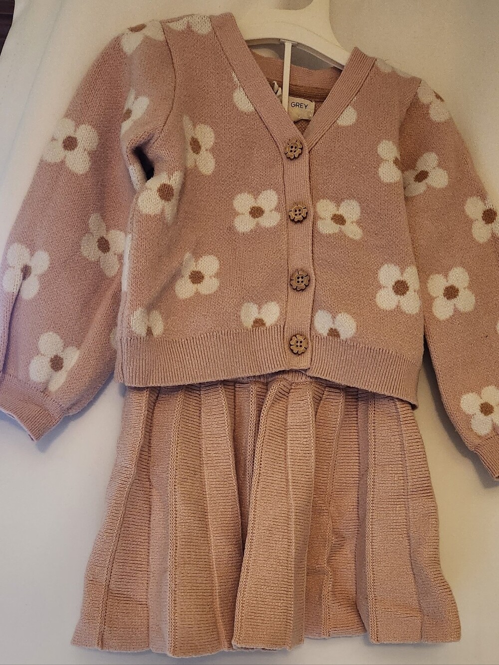 Pink Floral Knit Cardigan & Pleated Skirt Set